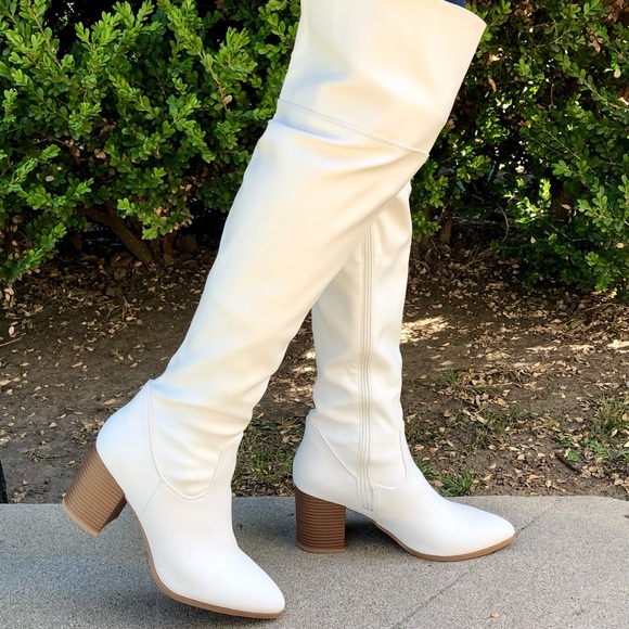 White Vegan Leather Over The Knee Boots - Picture 5 of 11
